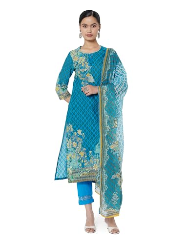 Image of BIBA Women Cotton Straight Kurta Slim Pants Suit Set