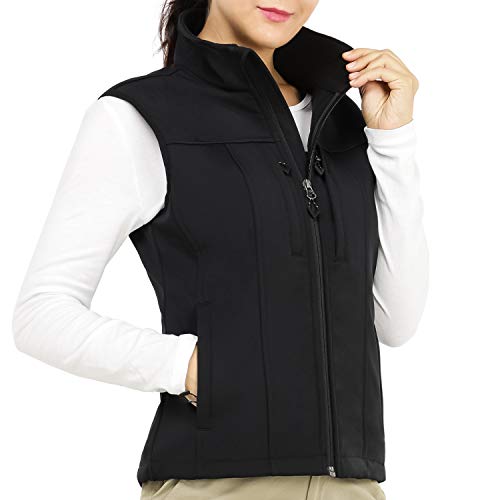 MIER Women's Water Resistant Bonded Softshell Vest Front Zip Fleece Lined Outdoor Active Vest with 9 Pockets, Black, S