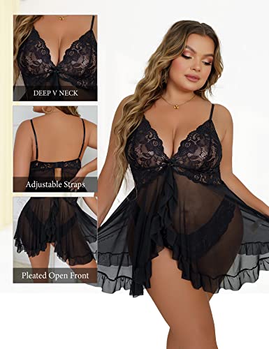 Queenfox Plus Size Lingerie For Women Lace Babydoll Womens V Neck Sexy Plus Size Lingerie Set Sleepwear Black Xl #TOP4