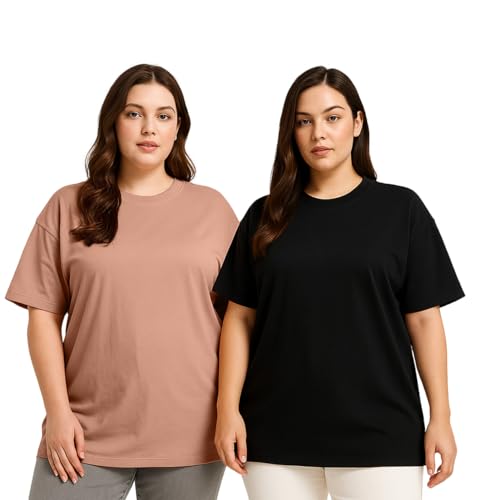 Image of JUNEBERRY 100% Pure Cotton Oversized Baggy Fit Drop Shoulder Solid Core Plus Size T-Shirt Combo for Women (Pack of 2) (Sizes from: 2XL to 5XL)