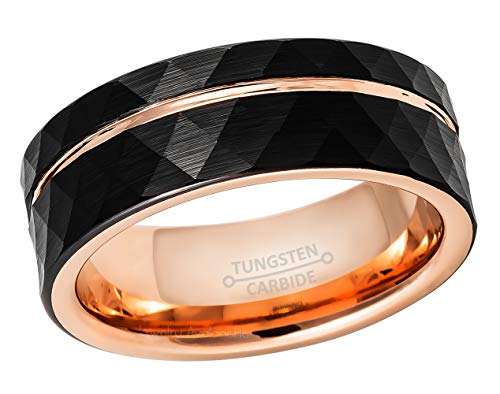 2-Tone Men's Tungsten Ring Black & Rose Gold Hammered Finish Pipe Cut Faceted Tungsten Carbide Wedding Band 8MM2