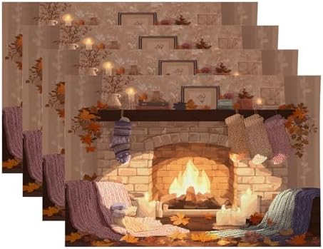 Cozy Fireplace Placemats, Warm Autumn Fireplace Scene Place Mats for Dining/Kitchen Table Waterproof Washable Linen Heat Insulation Dinner Table Mats 12×18 in 4 PCS Cozy Fireplace Placemats, Warm Autumn Fireplace Scene Place Mats for Dining/Kitchen Table Waterproof Washable Linen Heat Insulation Dinner Table Mats 12×18 in 4 PCS