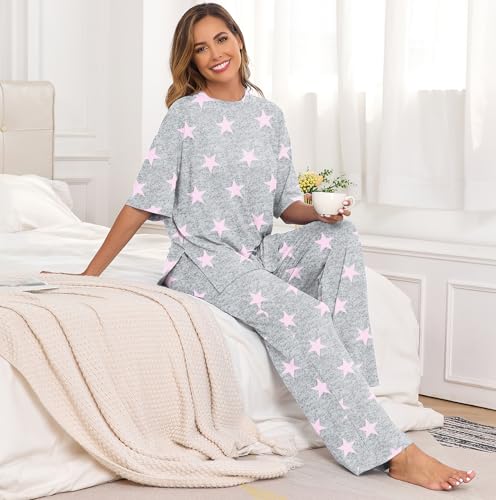 Image of PrinStory Womens Pajamas Sets 2 Piece Lounge Set Short Sleeve Tops and Long Pants Soft Pjs Loungewear with Pockets