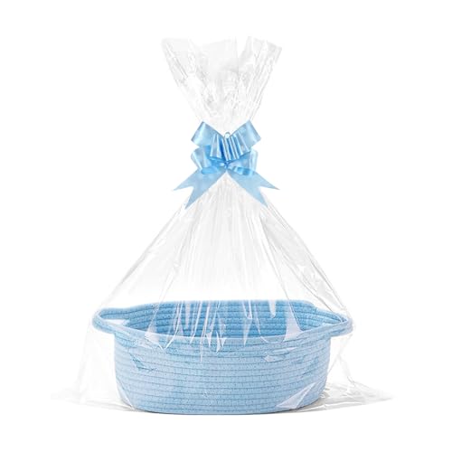 Lotvic Gift Basket Hamper Kit Empty Hamper Basket with Cellophane Bags and Pull Bows Rope Gift Baskets with Handles Woven Gift Baskets for Baby Shower Wedding Birthday Housewarming (Blue)