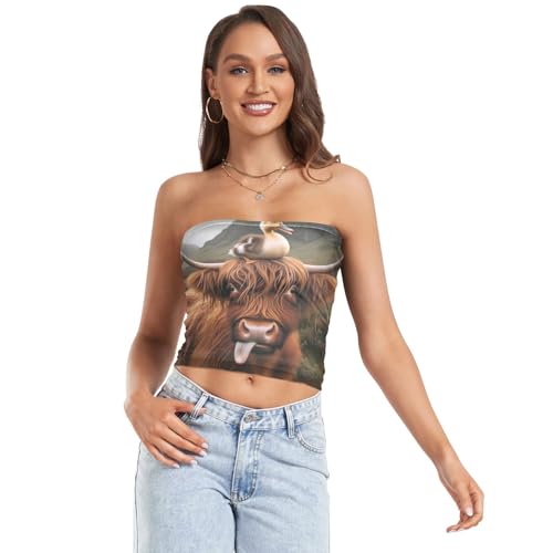 Funny Highland Cow Duck - Camiseta corta sin tirantes para mujer, camiseta de tubo transparente, tops de tubo para verano (S), Divertido pato de vaca de las tierras altas, M