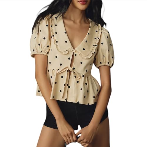 utcoco Women Tie Front Tops Puff Sleeve Peplum Babydoll