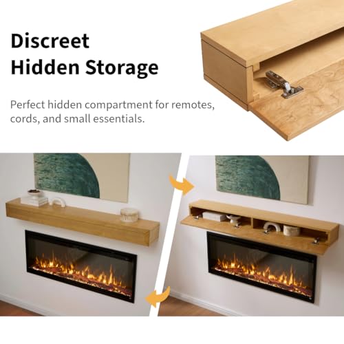 Image of Touchstone 60 inch Floating Fireplace Mantel with Hidden Storage - Wall Mounted Solid Pine Wood Mantel Shelf with Drop-Down Door - Rustic Farmhouse Design - Natural Pine Finish