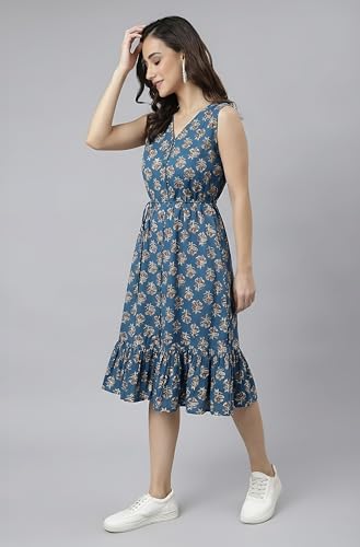 Image of Janasya Women's Cotton Ethnic Motifs Flared Western Dress