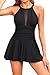 Holipick Solid Black Women's One Piece Swim Dress High Neck Swimsuit Tummy Control Halter Modest Skirt Bathing Suits Long Swimdress M