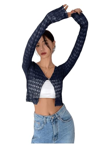 OYOANGLE Women's Long Sleeve Sheer Tops Button V Neck Open Front Lightweight Crop Cardigans