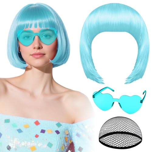 PLULON Cyan Bob Wig with Heart Sunglasses Hair Cap Neon Colored Party Wigs