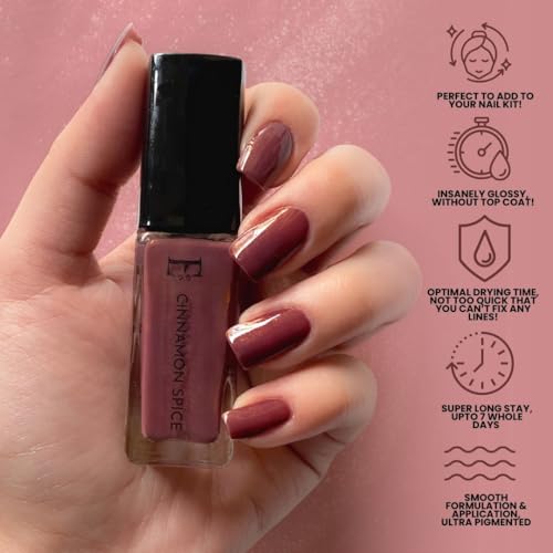 Image of Ellement Co Cinnamon Spice Nail Polish 10 ml with warm cinnamon brown tone delivers rich glossy salon finish, smooth streak free application, quick drying formula, and long lasting chip resistant wear, perfect for festive looks, office wear, autumn styling, evening outings, and elegant everyday nails.