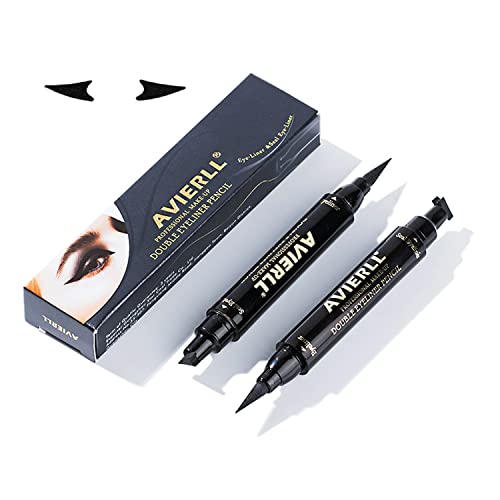 AVIERLL 2 paquetes de delineador de ojos líquido, negro de doble cara, sello de delineador de ojos con alas y lápiz delineador de ojos, resistente a las manchas, impermeable, duradero, sin goteo