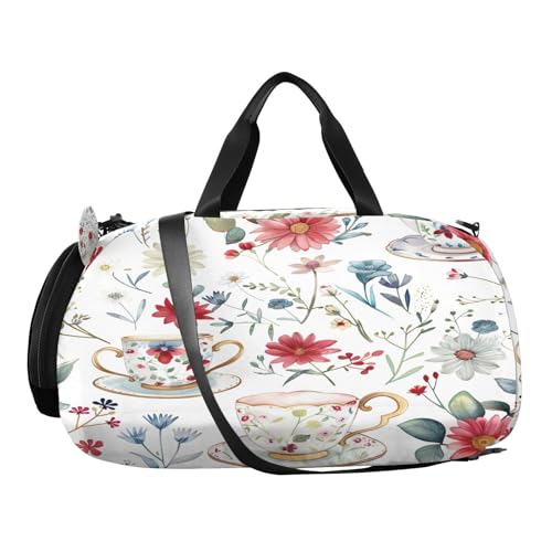 YETTASBIN Sport Travel Duffel Bag for Girls Boys, Tea Cup Large Waterproof Weekender Overnight Bag, Detachable Shoulder Strap Gym Bag with Shoe Compartment & Wet Pocket2
