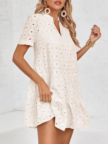 Image of Imily Bela Womens Summer Lace Dresses Eyelet Casual Flowy Babydoll Swing Short Sleeve V Neck Tunic Dress