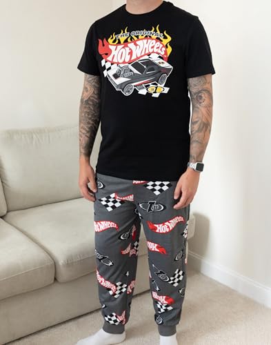 Hot Wheels Mens Pajama Set | Adults Race Car Graphic Short Sleeve Top & Long Leg PJ Bottoms in Black & Grey2