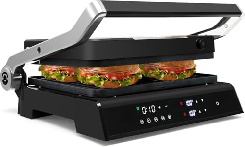 GOPLUS Panini Grill, Sandwichera 1200W Placas Antiadherentes de Doble Cara, Control de Temperatura Independiente Bandeja de Goteo Extraíble, Se Abre 180 Grados para Alimentos de Todos los Tamaños