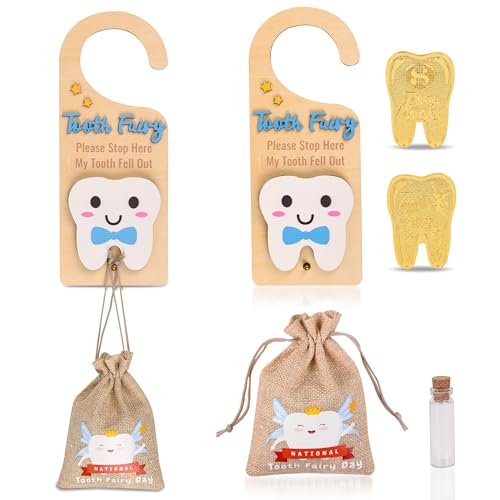Wooden Tooth Fairy Door Hanger with Cute Coins Holder Gift for Lost Teeth Kids Tooth Fairy Pick up Box for Lost Tooth Kids Gifts