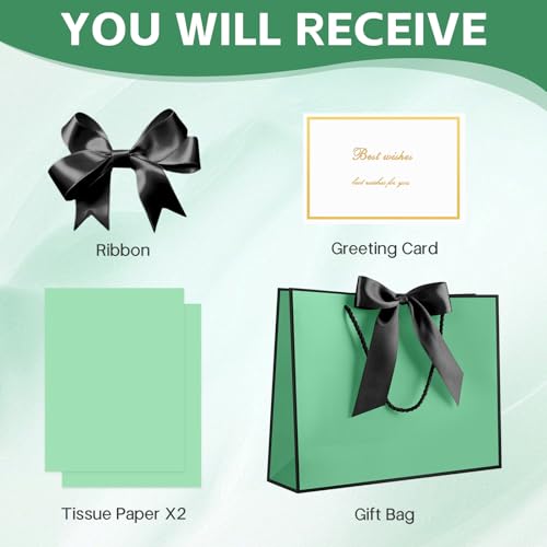 Image of JMANNI Gift Bags with Handles, 13 inch Medium Gift Bag for Presents, 1 Pcs Bags with 2 Tissue Paper and 1 Cards for Baby Shower Wedding Bridal Shower Mother's Day Birthday Party (Cyan-Black