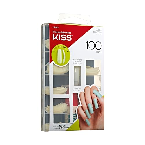 KISS 100 Tips False Press On Nail Kit, Curve Overlap Style, Long Length, Long Lasting Fake Nail Tips, DIY Home Manicure Set with Nail Glue 3 g / 0.11 oz. and 100 Artificial Nails in 10 Sizes