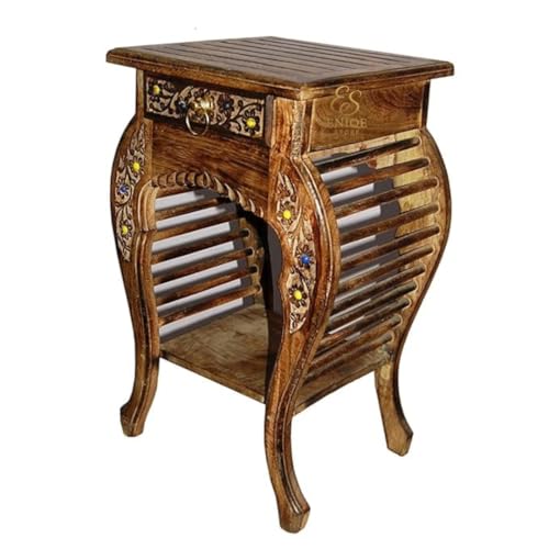 Image of Wooden Side Table & Stool-Natural Wood Antique Look End Table with Drawer for Living Room Brown