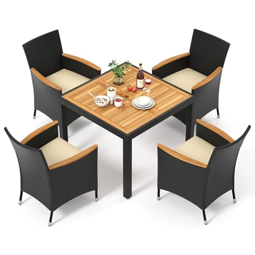 Tangkula 5 Pieces Patio Dining Table Set for 4, Rattan Conversation Set with Umbrella Hole, Seat Cushions & Acacia Wood Tabletop, Outdoor Dining Table with 4 Chairs for Backyard, Poolside & Deck