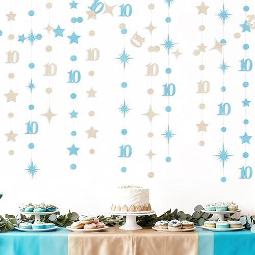 Image of Champagne Gold Blue 10th Birthday Decorations Number 10 Circle Dot Star Garland Streamer Banner Backdrop for Girls Boys Double Digits Cheers to 10 Years Old Birthday 10th Anniversary Party Supplies
