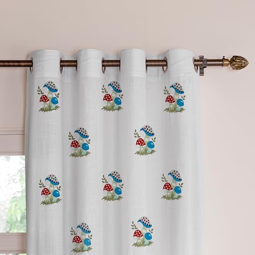 Image of LINENWALAS Printed Decorative Cotton Sheer Curtains 5 Feet Long Set of 2 Panel, Grommet Hanging, Mushroom Carnival Curtains for Children Room, Living Room, Home Decor (L-7 x W-4.5 Feet)