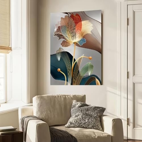Cuadro decorativo sobre lienzo abstracto floral moderno verde azulado con marco 40x65cm 2