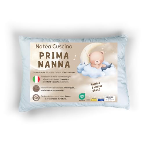 Natéa - Cuscino Lettino Bambino 40x60, Federa 100% Cotone certificato OEKO-TEX® 100. Morbido Cuscino Basso, Traspirante e antiacaro per Letto Bambino 1, 2, 3 Anni, in casa, Asilo Nido e Viaggi