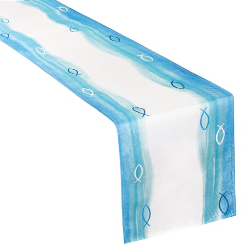 Kommunion Deko, 270x30cm Tischläufer mit christlichen Fischen Konfirmation Tischdeko Taufe Tischband für Junge Mädchen Leinenoptik Tischdecke Läufer Dekoration