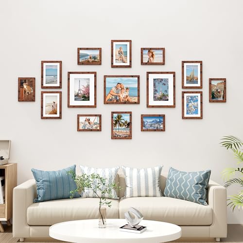 Image of Vittanly 15 Pack Picture Frames Collage Wall Decor for Mounting or Tabletop Display, Gallery Frame Set for Family, Multi Sizes Including 3pcs 8x10, 6pcs 5x7, 6pcs 4x6, Rustic Brown