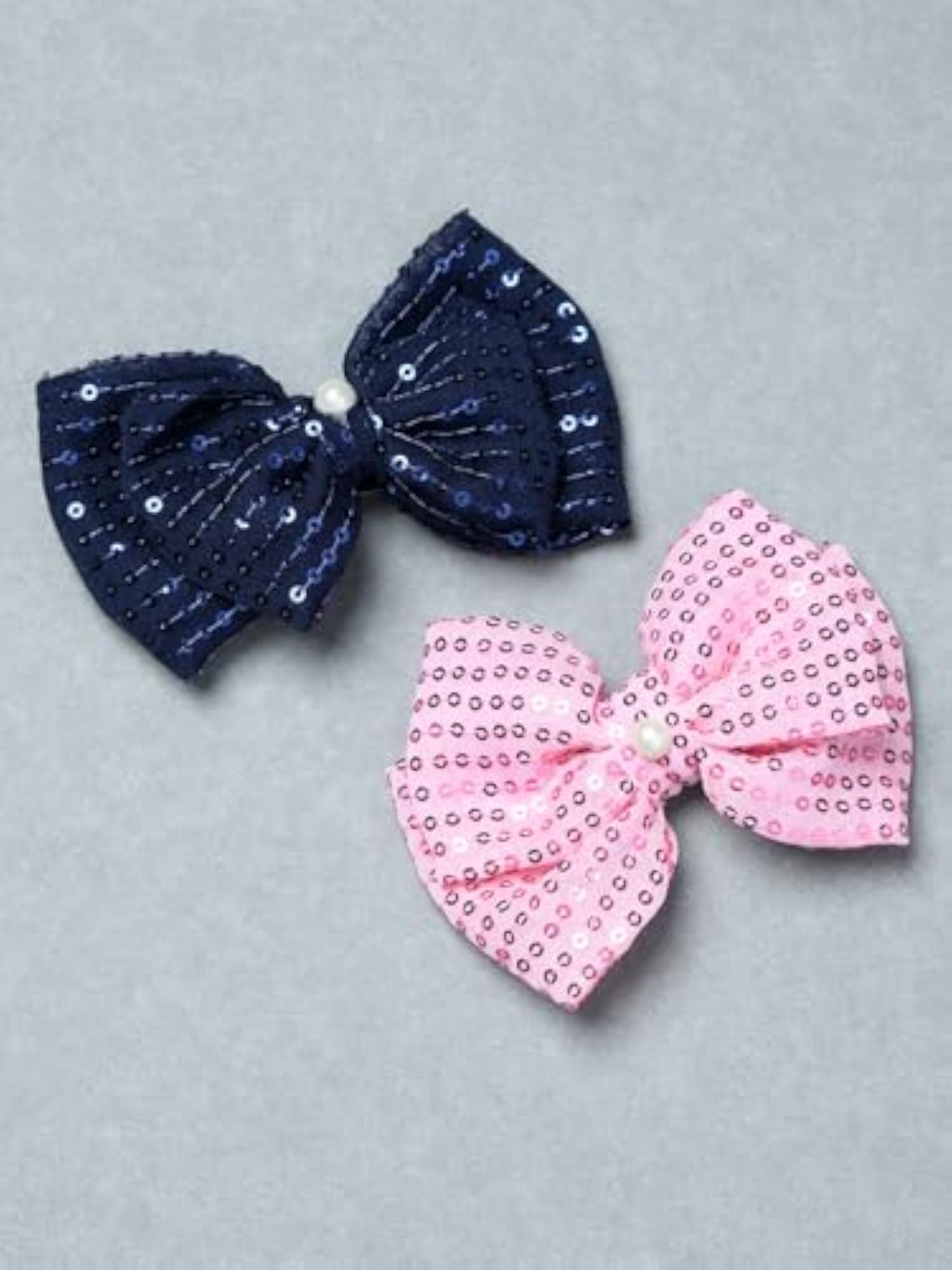 Pack Of 2 Trendy Sequence Bow Hair Clips, Pink & Navy