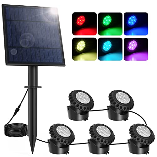 NATPOW Solar Pond Light, RGB Underwater Pond Light Landscape Spotlight Pond Lights Diving Spotlight with IP68 Waterproof, Colour Changing Garden Lighting for Garden, Patio, Tree(5 in 1)