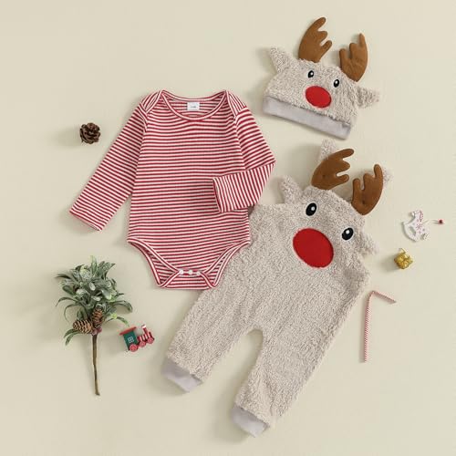 Image of Baby Boy Christmas Outfit Elf Newborn Romper Pants Set With Hat | Long Sleeve Bodysuit, Striped Romper Overalls Set, Baby Boy Elf Outfit, Fall Winter Clothes With Hat, My First Christmas.