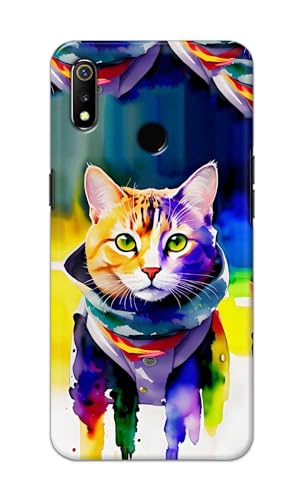 Image of Printed Hard Back Cover for Realme 3 | Realme 3i Back Cover (Coloured Cat) -190724(EA)