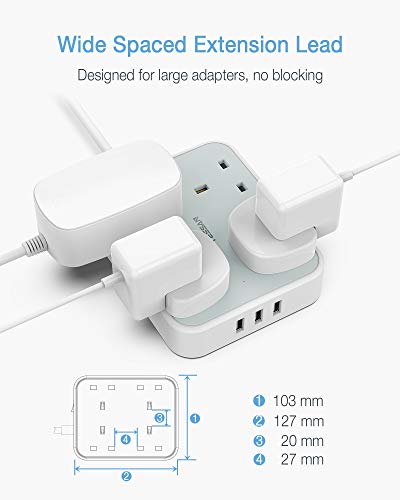 Extension Lead with 3 USB Slots, TESSAN 13A 4 Way Multi Plug Extension Cable with 2M Cord, Wall Mounted Power Strip Socket for Home, Office Extension Lead with 3 USB Slots, TESSAN 13A 4 Way Multi Plug Extension Cable with 2M Cord, Wall Mounted Power Strip Socket for Home, Office