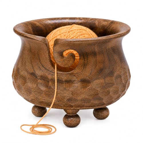 Image of Large Pot Yarn Bowl, 7 x 4 Inch Wooden Knitting Holder | Mango Wood, Holds 2 Yarn Skeins, 3-Leg Support, Tangle-Free, Smooth Finish, Pot Shape, Giftable