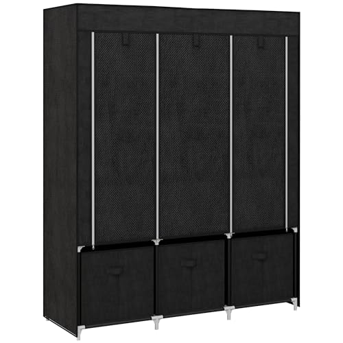 HOMCOM Armoire de Rangement en Tissu penderie Pliable avec 5 étagères, 2 Barres de Suspension et 3 tiroirs en Tissu - 125L x 43l x 162.5H cm, Noir