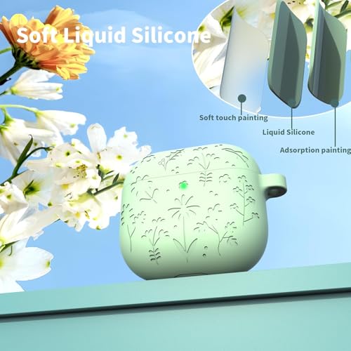 Image of New Engraved Soft Silicone Case Compatible with Apple AirPods 4 Generation (2024) with Keychain, Full 360 Protection Dust-Proof Shockproof Case Cover (Cover Only) (Grass Green)