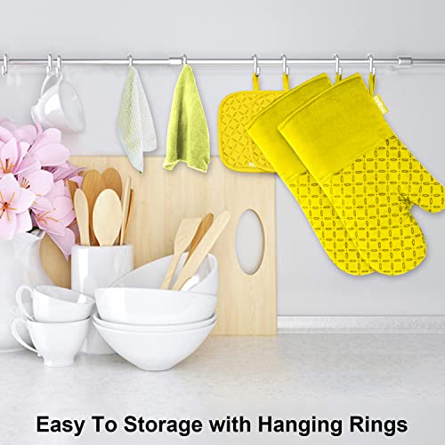Image of KEGOUU Oven Mitts and Pot Holders 6pcs Set, Kitchen Oven Glove High Heat Resistant 500 Degree Extra Long Oven Mitts and Potholder with Non-Slip Silicone Surface for Cooking (Yellow)