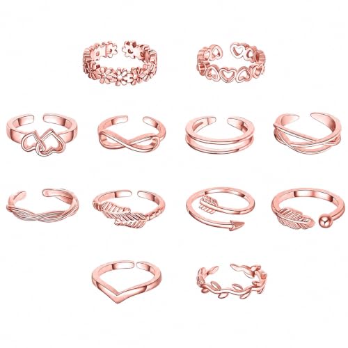 Image of 12PCS Toe Rings for Women 14K Gold /Silver Plated Adjustable Toe Ring Set Open Heart Arrow Infinity Rings Beach Foot Jewelry for Summer