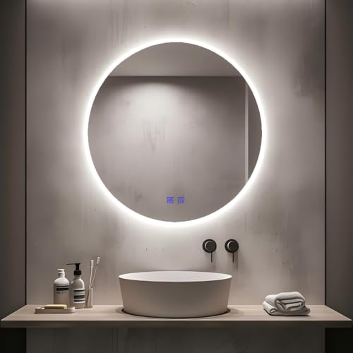 Kasloglow Round Bathroom Mirror with LED Lights 600mm 3 Colour Dimmable Lighting Demister Touch Illuminated Wall Mounted Vanity Mirror 23.62 inch