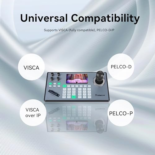 Tenveo PTZ Camera Joystick Controller, 5'' LCD Screen Real-time Preview 4D Joystick Conference Control Keyboard Support NDI PoE VISCA Pelco-D/P RS422/RS485 RS232 RJ45 For Church Live/Events/Streaming