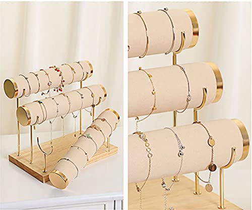 Aqerimit Detachable Bracelet Holder, Three Tier Racks Jewelry Display Stand, Stylish Velvet Wrist Watch Organizer, Beige - Thumbnail 3