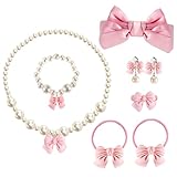 Klorify Bow Pearl Kids Jewelry for Little Girls Toddler Set of 8 pcs - Hair Bows Clips Ties - Stretch Necklace Bracelets Rings and Clip on Earrings - Cute Princess Dress Up Gifts - Pink
