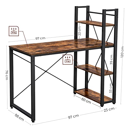 VASAGLE Schreibtisch, Computertisch mit Regalböden rechts oder Links, 120 cm breiter Bürotisch, für Arbeitszimmer, Homeoffice, einfacher Aufbau, vintagebraun-schwarz LWD48X – Bild 2