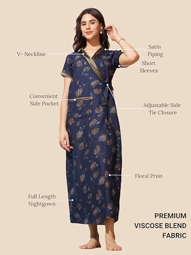 Image of 9shines Label Stylish Cotton Nighty Robe for Women | Front Open Floral Housecoat | Wrap Nighty with Pocket | Adjustable Waist Tie | Plus Size housecoat (HC-2026)