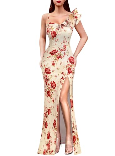 Image of VFSHOW Womens Ruffle One Shoulder Strap Ruched Formal Prom Wedding Maxi Dress V Neck Elegant Split Cocktail Evening Long Gown