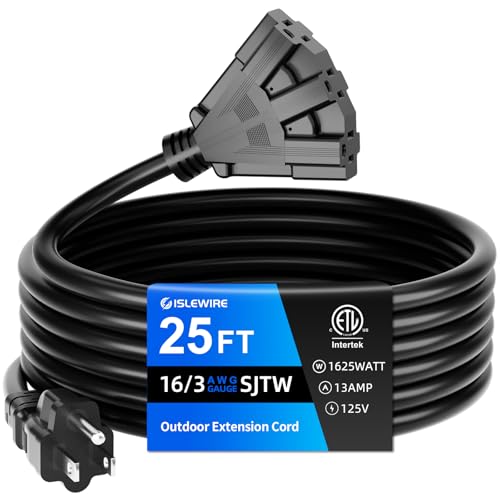 islewire 25 FT 3 Outlet Outdoor Extension Cord Waterproof, 16/3 SJTW Black Extension Cord with Multiple Outlets, Heavy Duty 16 Gauge 3-Prong Grounded Power Cable for Garden and Home Use, ETL Listed